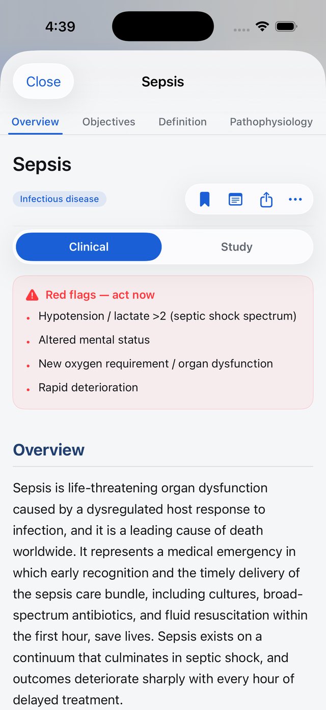 Sepsis in Clinical view, with the Clinical | Study switch, red flags and the overview